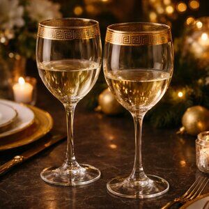 New Vintage Italian Crystal Wine Champagne Glasses With Gold Trim Greek Design